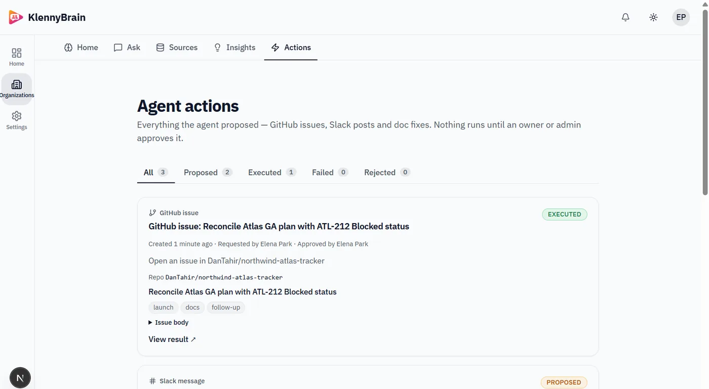 KlennyBrain agent actions page with an executed GitHub issue